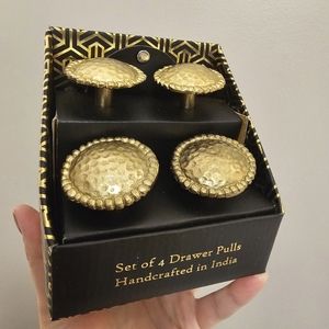 Set Of 4 Gold Brass Tone Handcrafted Drawer Pulls Hammered Texture Made In India